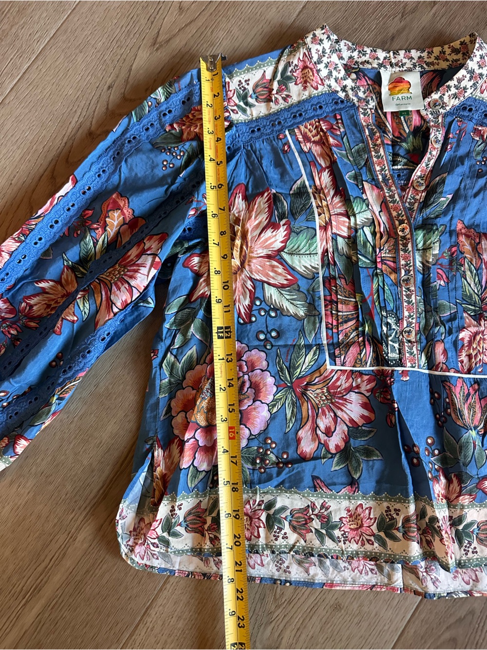 🌺 FARM Rio Wonderful Bouquet Blue Floral Long Sleeve Blouse | Size XS - Picture 15 of 16